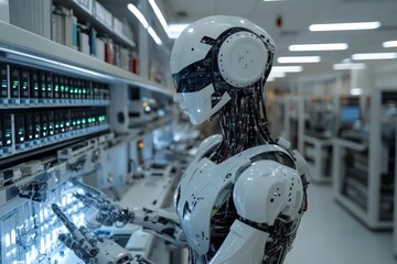 Leinwandbilder - Futuristic robot interacts with high-tech interface in advanced laboratory setting during daylight