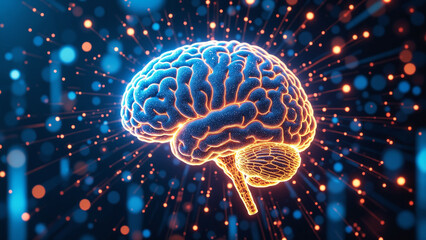 Aufkleber - Dynamic digital illustration of a glowing brain with neural connections, depicting technological and scientific themes, emphasizing neural networks, innovation, and data processing
