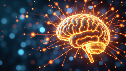 Aufkleber - Dynamic digital illustration of a glowing brain with neural connections, depicting technological and scientific themes, emphasizing neural networks, innovation, and data processing