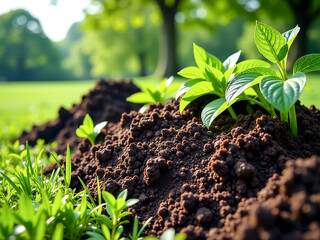 watering and recycling background a small plant is growing in a patch of dirt. the dirt is brown and