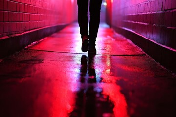 Poster - Person walking down wet alley illuminated by colorful neon lights during nighttime in urban environment