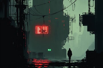 Poster - Dark urban alleyway with glowing neon signs and a solitary figure walking in a futuristic cityscape at night