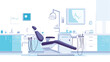 © chuan - Illustration of a modern dentist's office interior. The scene is depicted in a minimalist style with a predominantly white and light blue color palette.  The main focus is a reclined dental