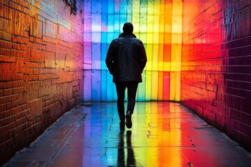 Poster - Man walks through vibrant rainbow-colored alleyway reflecting light on wet pavement