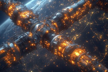Aufkleber - Advanced space station orbiting Earth illuminated by city lights and celestial glow at night