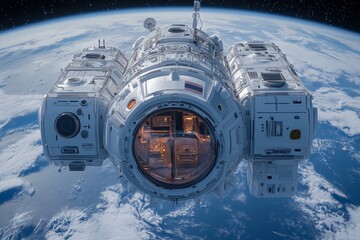Aufkleber - Spaceship module orbits Earth, showcasing advanced technology and views of the planet below