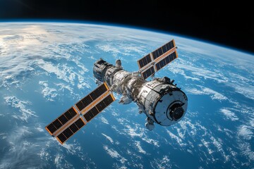 Aufkleber - Orbiting spacecraft captured against the backdrop of Earth from a distance in outer space