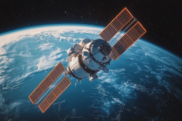 Aufkleber - Satellite orbits Earth at a stable altitude, showcasing solar panels and advanced technology in a stunning view of the planet