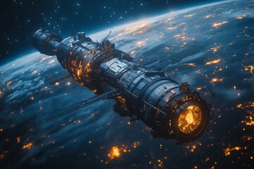 Aufkleber - Exploration of a futuristic space station orbiting Earth at night