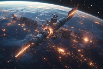Aufkleber - Space station hovering above Earth with glowing city lights visible at night
