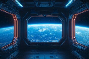 Poster - Stunning view from a futuristic spacecraft overlooking Earth at dawn