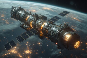 Poster - Spaceship orbiting Earth showcasing solar panels and illuminated structures during nighttime
