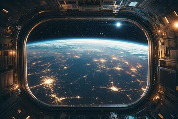 Aufkleber - View of Earth from a Space Station Window at Night with Stars and City Lights Visible
