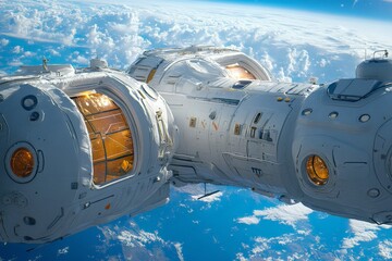 Aufkleber - Exploring the advanced design of a space station orbiting Earth surrounded by clouds in a brilliant blue atmosphere
