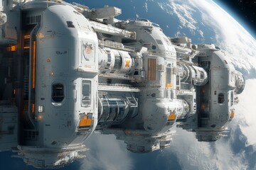 Poster - Advanced space station design with intricate architecture orbiting Earth