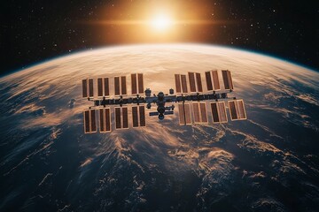 Aufkleber - International Space Station orbits Earth at sunrise, showcasing solar panels and stunning view of the planet below