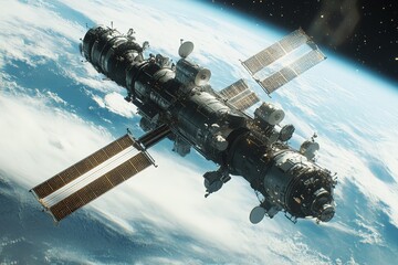 Aufkleber - Exploring the vastness of space with a detailed view of a space station orbiting Earth