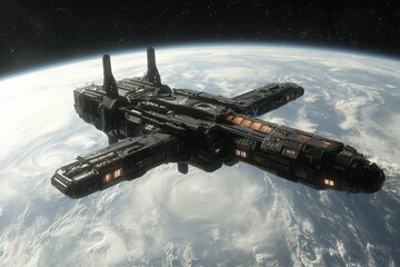 Aufkleber - Spaceship orbits Earth while observing a massive storm in the atmosphere during a clear moment in space