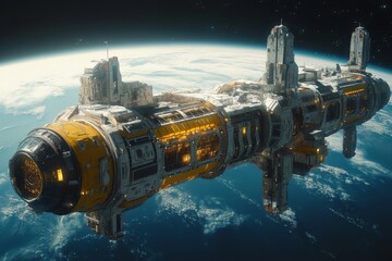 Aufkleber - Spaceship docked in orbit around Earth showcasing advanced technology and vibrant design