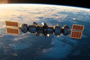 Aufkleber - Satellite orbits Earth during sunset while reflecting sunlight from solar panels