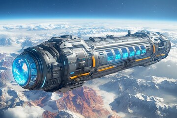 Aufkleber - Futuristic spacecraft gliding above snow-capped mountains in a clear blue sky during daylight hours