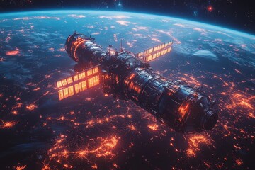 Aufkleber - Space station in low Earth orbit illuminating the night landscape with vibrant lights and intricate details