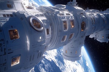 Poster - Space station orbiting Earth with detailed architecture and vibrant planet surface visible below during twilight