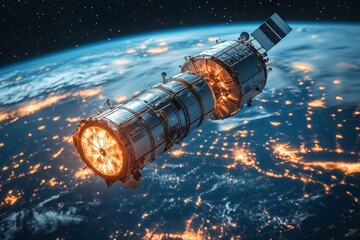 Aufkleber - Satellite orbits Earth at night showcasing the brilliance of city lights and the beauty of space