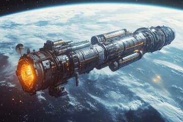 Aufkleber - Spaceship orbiting Earth showcasing advanced technology and intricate design in a futuristic setting