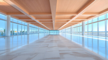 Fototapete - A spacious, modern interior showcasing expansive windows and a sleek floor, with a wooden ceiling that enhances the bright, airy atmosphere