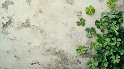 Wall Mural - 3d render of green shamrock leaves with white clover flowers on a grey background. st. patrick's day