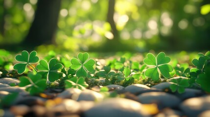 Wall Mural - 3d render of green shamrock leaves with white clover flowers on a grey background. st. patrick's day