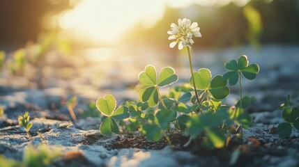Wall Mural - 3d render of green shamrock leaves with white clover flowers on a grey background. st. patrick's day