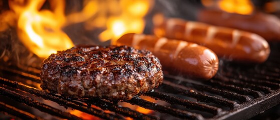 Wall Mural - Sizzling Burger and Sausages on Grill with Fiery Flames Capturing the Essence of Summer Barbecue and Delicious Outdoor Cooking