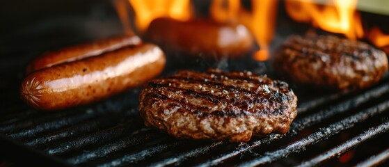 Wall Mural - Sizzling summer barbecue featuring juicy hamburgers and sausages grilling over open flames on a hot grill for a delicious meal