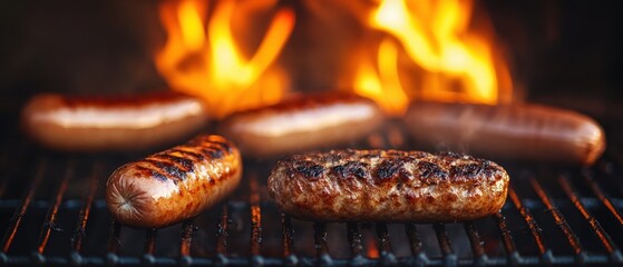 Wall Mural - Appetizing Sausages Sizzling on a Grill with Fiery Flames in the Background Close Up View Cooking Food