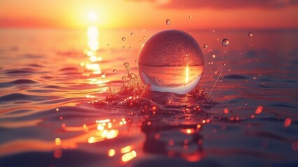a crystal-clear sphere hovers above ocean waves at sunset, reflecting golden light. droplets scatter