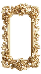 Poster - Vertical golden baroque frame with floral decorations, fruits and leaves, isolated on transparent background, ideal for inserting images