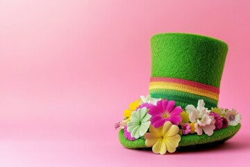 Wall Mural - green leprechaun hat with rainbow stripes and flowers, pastel background