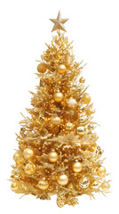 Poster - Golden christmas tree with star, balls, lights, snowflakes and leaves decorations on transparent background, perfect for christmas projects