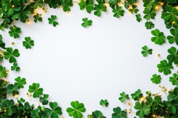 Wall Mural - st. patrick's day frame with clover leaves and golden lights on a white background