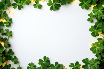 Wall Mural - st. patrick's day frame with clover leaves and golden lights on a white background