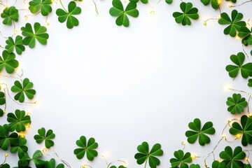 Wall Mural - st. patrick's day frame with clover leaves and golden lights on a white background