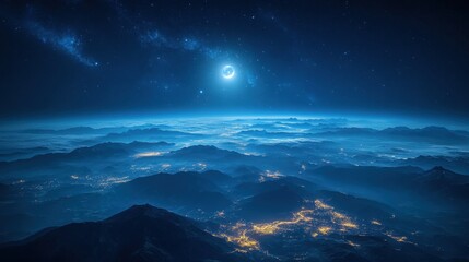 Wall Mural - dramatic vista of starry night sky over mountainous terrain with city lights and ethereal clouds