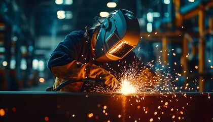 Poster - Welder Creating Sparks While Working on Metal Fabrication Piece