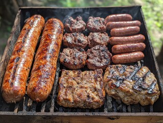 Wall Mural - Assorted grilled meat on a rustic barbecue grill showcasing delicious sausages patties and pork chops for outdoor cooking