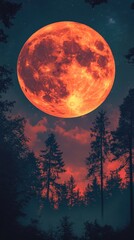 Wall Mural - dramatic full moon rising over a dark forest with a fiery glow casting an eerie and captivating mood