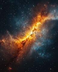 ethereal cosmic nebula with vibrant orange and blue hues sparkling stars in vast dark universe space