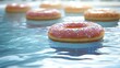 © Duskcraft - Delicious pink frosted donut with colorful sprinkles floating on shimmering blue water surface sweet treat