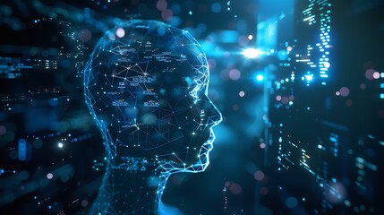Artificial Intelligence: Digital Mind, Networked Head, Blue Digital Neural Network, Futuristic Technology Concept
